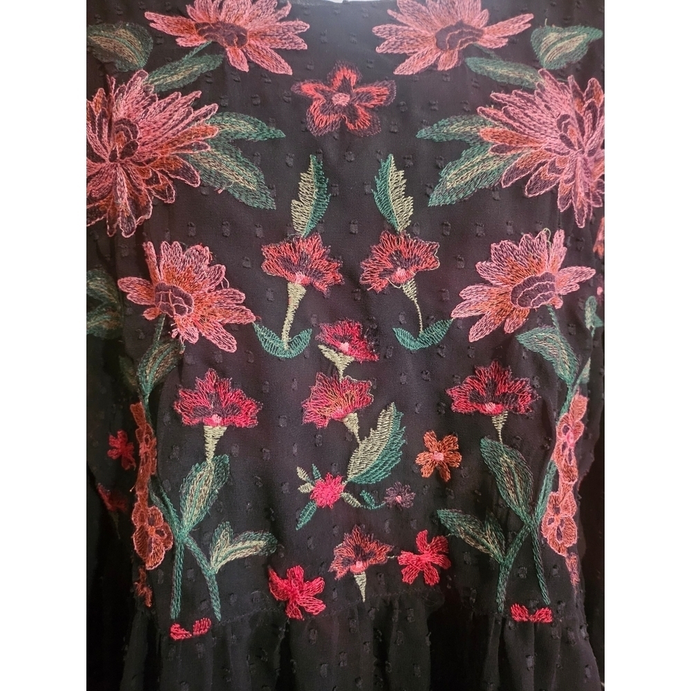 American Eagle Outfitters Black Swiss Dot Floral Embroidered Peplum Top - Picture 9 of 15